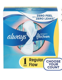 Always Infinity Feminine Pads with Wings, Size 1, Regular Absorbency, Unscented, 36 Count