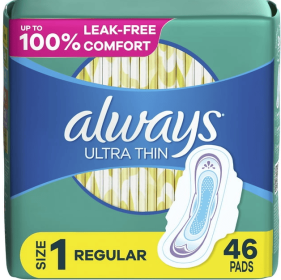 Always Ultra Thin Feminine Pads with Wings for Women, Size 1, Regular Absorbency, Unscented, 46 Count