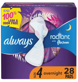 Always Radiant Feminine Pads with Wings, Size 4, Overnight Absorbency, Scented, 28 CT