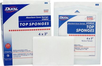 Top Sponges 4" x 3". Pack of 50 Absorbent Cover sponges for Wound Care and Protection. Non-Woven Outer Facing; Cellulose Liner and Rayon Fill. Single