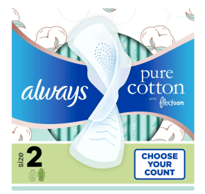 Always Pure Cotton Feminine Pads with Wings, Size 2, Heavy Absorbency, 24 Count