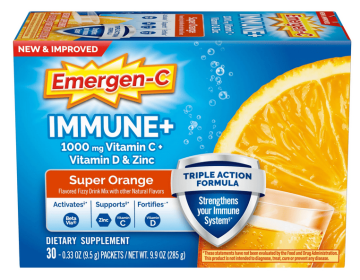 Emergen-C Immune+ Triple Action Immune Support Powder, Betavia (R), 1000Mg Vitamin C, B and D and Antioxidants, Super Orange – 30 Ct
