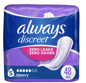 Always Discreet Incontinence Pads, Heavy Absorbency, Regular Length, 48 CT