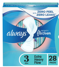 Always Infinity Feminine Pads with wings, Size 3, Extra Heavy Absorbency, unscented, 28 Ct