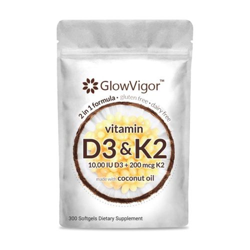GlowVigor 2-in-1 Vitamin D3 K2 Supplement Softgel, 9999 IU VIT D3 200 MCG Vitamin K2, Free Of GMO, Gluten, Soy, Bone Health, Cardiovascular Healt