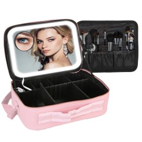 Travel Makeup Bag with LED Mirror Makeup Case Organizer with 3 Light Colors Adjustable Dividers Brush Holder Magnifying Mirror Shoulder Strap Luggage (Option: L Pink)
