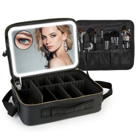 Travel Makeup Bag with LED Mirror Makeup Case Organizer with 3 Light Colors Adjustable Dividers Brush Holder Magnifying Mirror Shoulder Strap Luggage (Option: L Black)