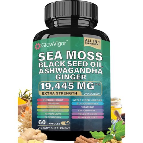 GlowVigor Sea Moss 7000mg Black Seed Oil 4000mg Ashwagandha 2000mg Turmeric 2000mg Bladderwrack 2000mg Burdock 2000mg & Ginger Vitamin C Vitamin